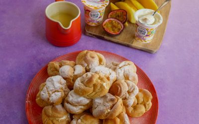 Mango & Passionfruit Profiteroles with White Chocolate Sauce